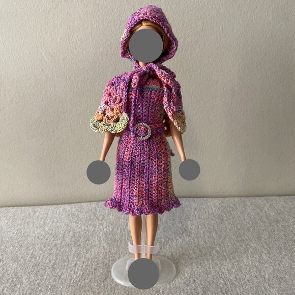 Handmade Crochet Pink Multicolour Dress+Cape+Belt for 29cm Doll 3-Piece Outfit - Picture 5 of 13